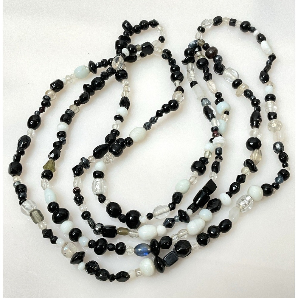 Vintage Flapper Necklace Black White Glass Bead Long 58" Endless Handmade